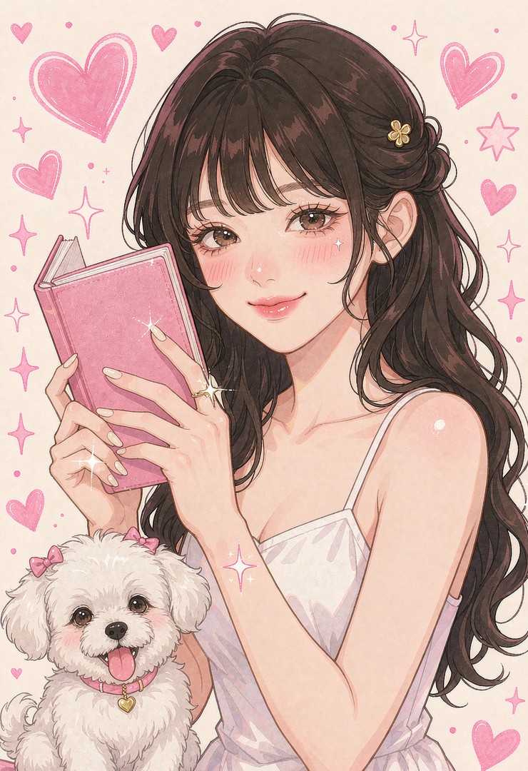 LYSOVARA manga heroine with puppy and 100 Pages of Love book